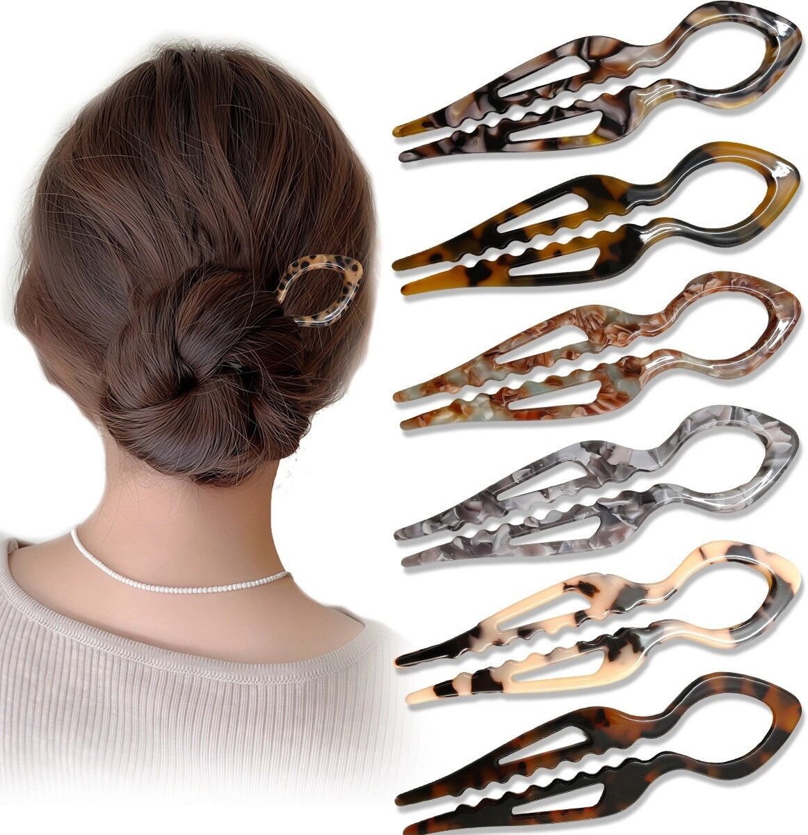 INF Épingle à cheveux en acétate français en U - Set de 6 pièces multicolore pour chignon vintage