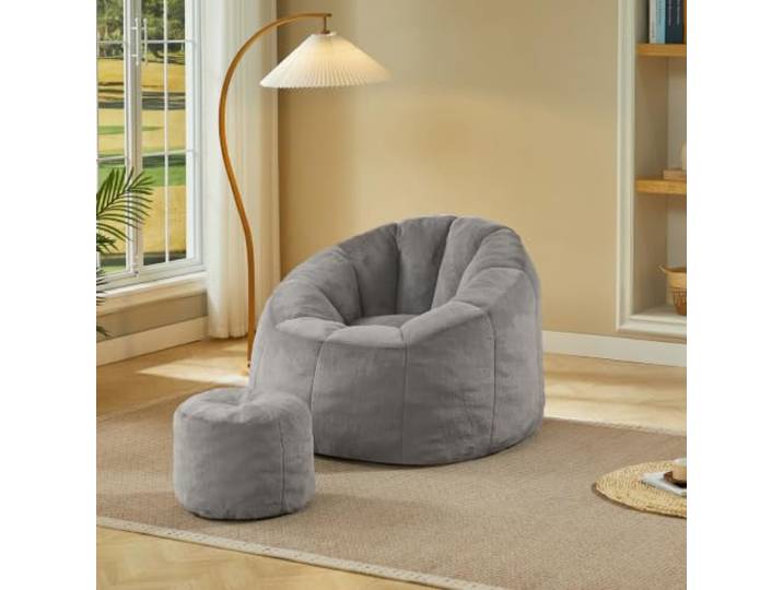 Sitzsack Sessel mit Hocker,ergonomischer Relaxsessel für Zuhause Hochwertiger Kunst‑Kaninchenfell‑Bezug, hautfreundlich,Wärmeisolierend, nicht klebrig auch bei langem Sitzen