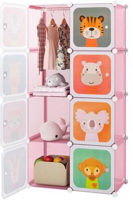 Costway 8-Cube Kids Wardrobe Closet with Clothes Hanging Section and Doors-Pink
