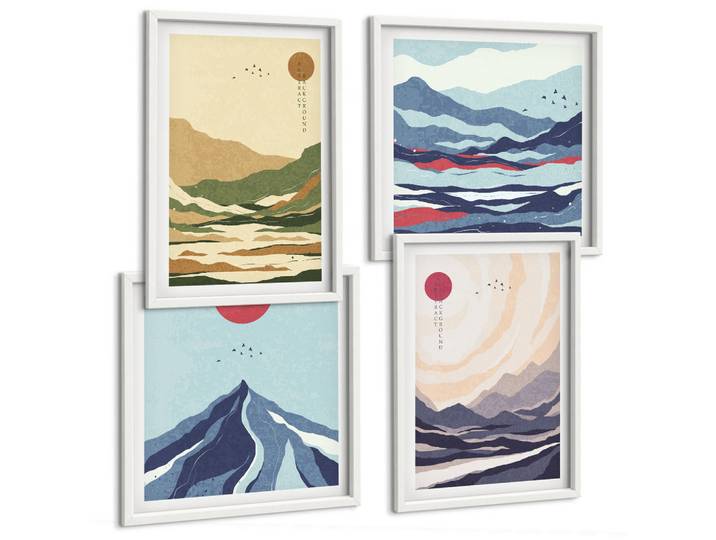 Tulup Bilder SET 4er Set - 50x50 cm & 40x60 cm Weißer Rahmen - Pastellfarbene Berge im Japandi-Stil, Kunststoff, Rechteckig, 50x50 cm, Fotografie, Bilder & Rahmen, Bilder