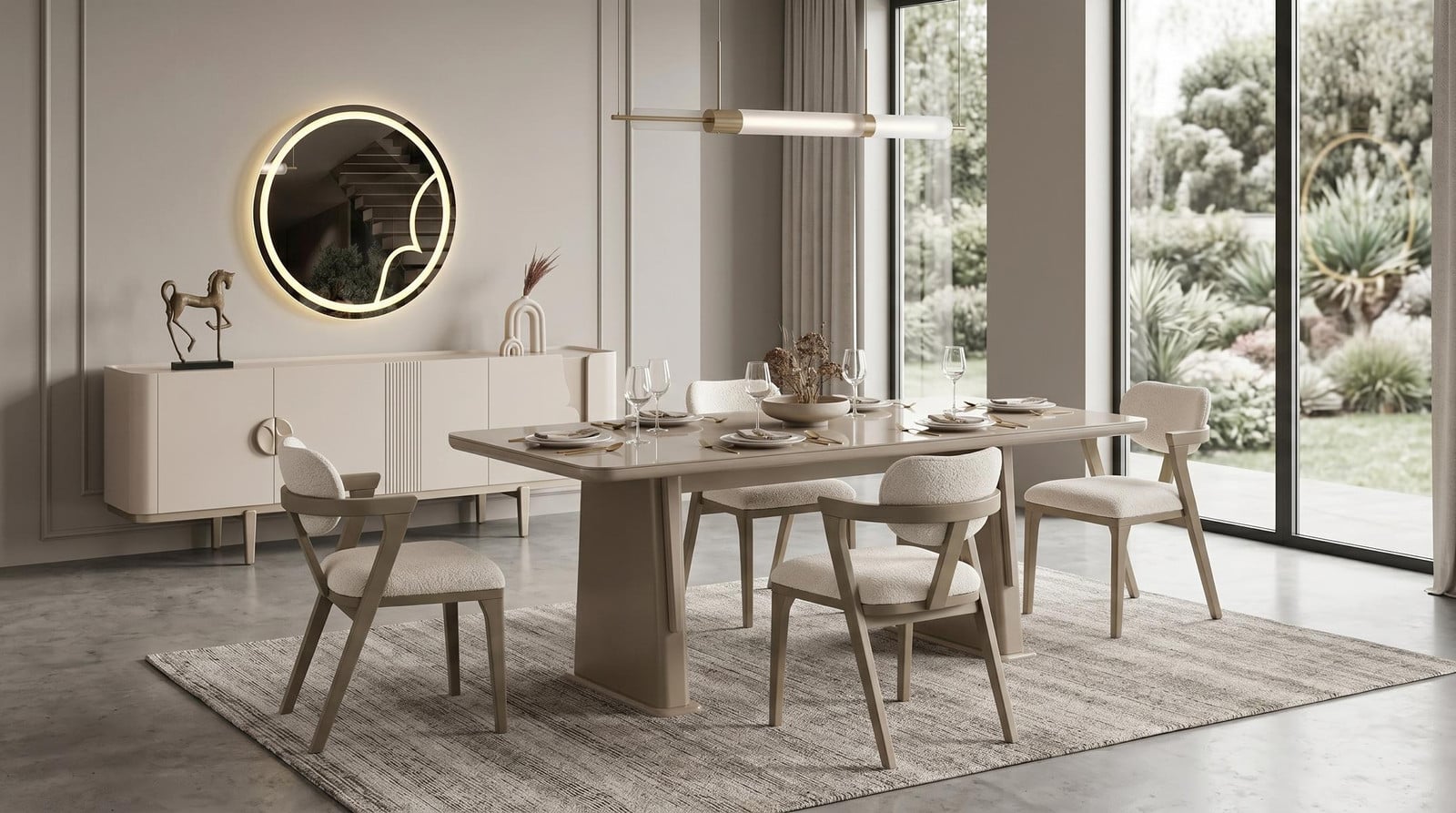 JVmoebel Eettafelset met 4 stoelen, console en spiegel in moderne stijl, beige