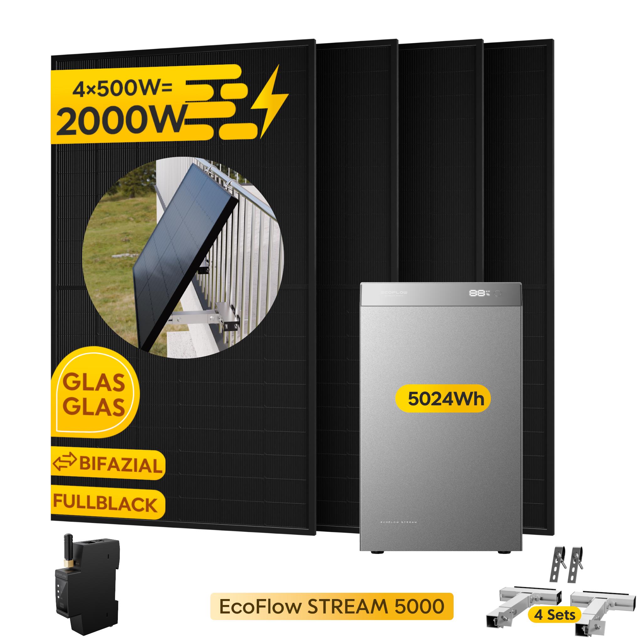 Powerness Balkonkraftwerk mit Speicher: EcoFlow STREAM 5000 Speicher 5024Wh & 4x 500W Module & Smart Meter & 4x Balkon-Halterung 0% VAT