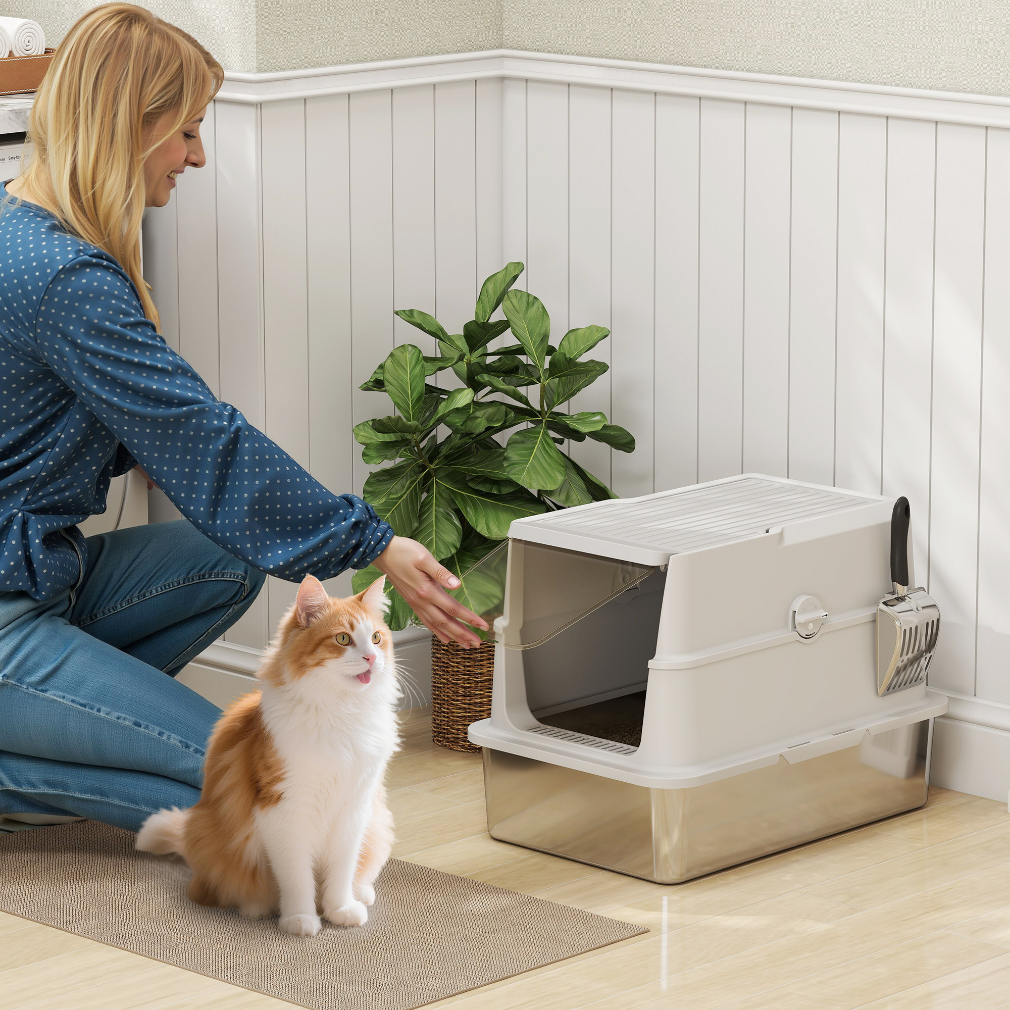 Pawhut Lettiera per gatti, acciaio inossidabile, interno XL, con paletta, grigio chiaro   Aosom Italy