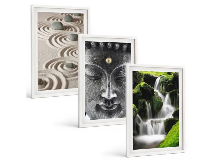 Tulup Bilder SET 3er Set - 40x60 cm Weißer Rahmen - Der Frieden der Steine des Buda Zen-Wasserfalls, Kunststoff, Rechteckig, 40x60 cm, einfache und schnelle Anbringung, Bilder & Rahmen, Bilder