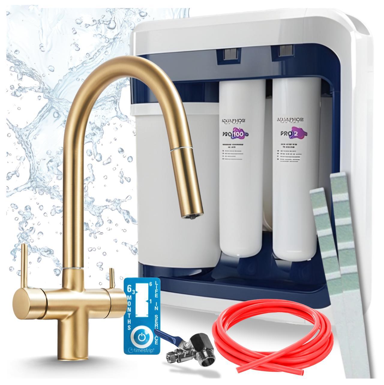 Ari 3-Wege-Küchenarmatur Slender, Messing, Ausziehbare Spültischarmatur Im Set Mit Aquaphor Ro-202S Pro Wasserfiltersystem