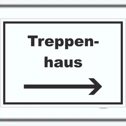 Treppenhaus Aufkleber mit Text und Richtungspfeil rechts Stufen steigen waagerecht A8 (52x74mm)
