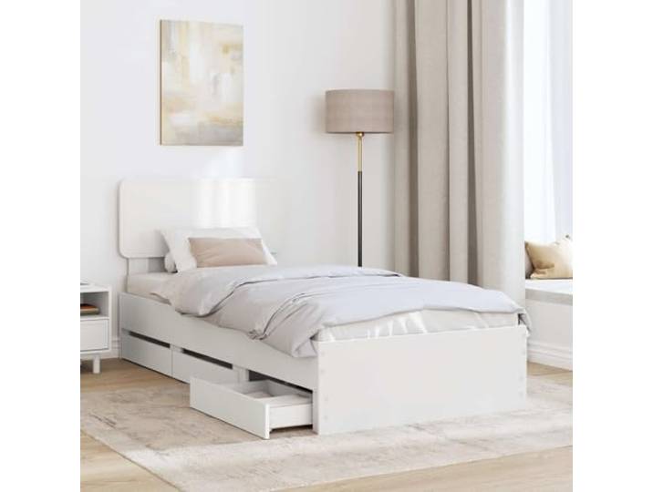 SKTQYQO Einzelbett weiß 90 x 200 cm mit Schubladen Technisches Holz, verstellbares Kopfteil, feste Latten, platzsparendes Design