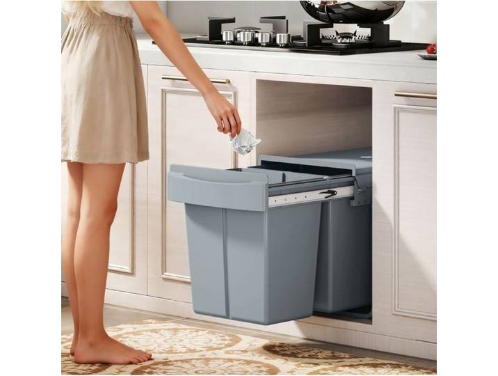 Poubelle coulissante encastrable sous meuble de cuisine 2 x 20 L gris en plastique et métal ORVRYN