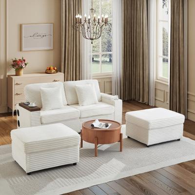 Kodotan sofa Double Chaise Lounge with Two Storage Ottomans,Corduroy Sofa with Cup Holders, USB Port,Storage Space and Bluetooth Speaker