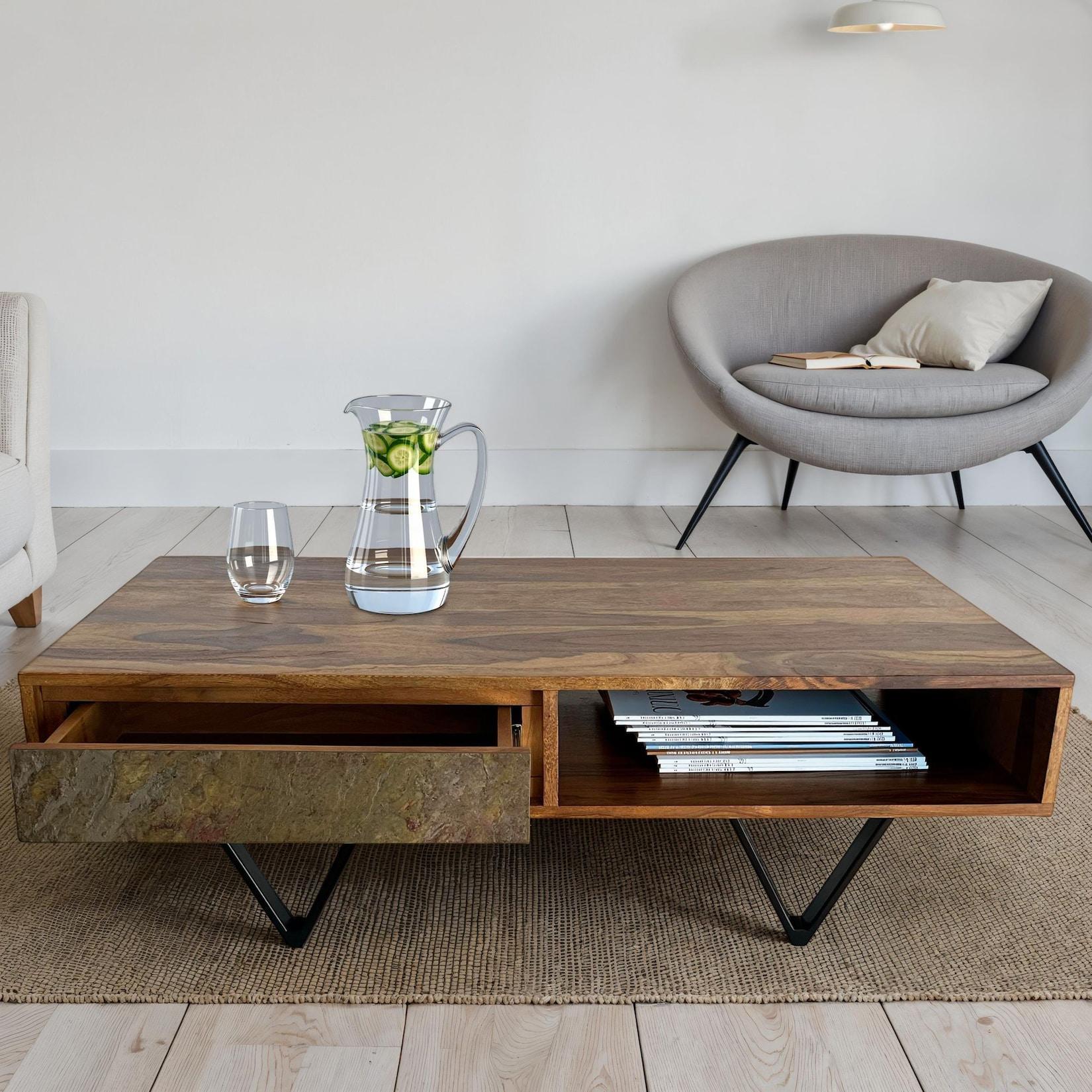 FineBuy Couchtisch rechteckig 115cm Sheesham Massivholz Wohnzimmertisch 2 Schübe
