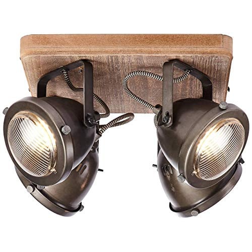 Brilliant Carmen Wood Spotplate lamp met 4 verstelbare koppen in gebrand staal en hout, bruin