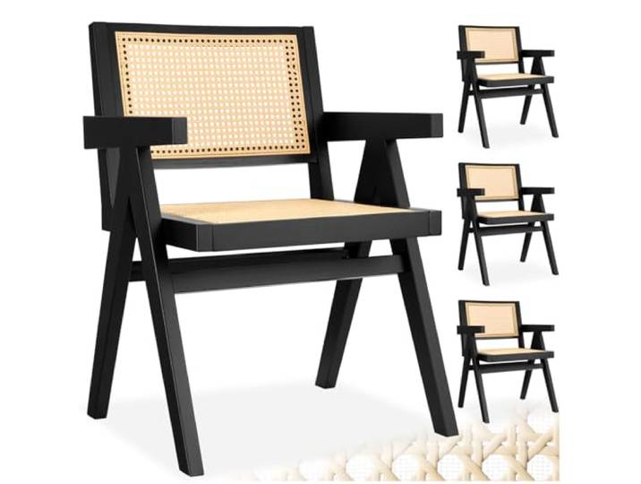 tectake® Esszimmerstühle, Boho Korbsessel Wiener Geflecht, Esstisch Stühle, Essstühle, Küchenstühle 4er Set, Armlehnstuhl, Esszimmer, Sessel Wohnzimmer - schwarz mit Armlehne, 4er Set