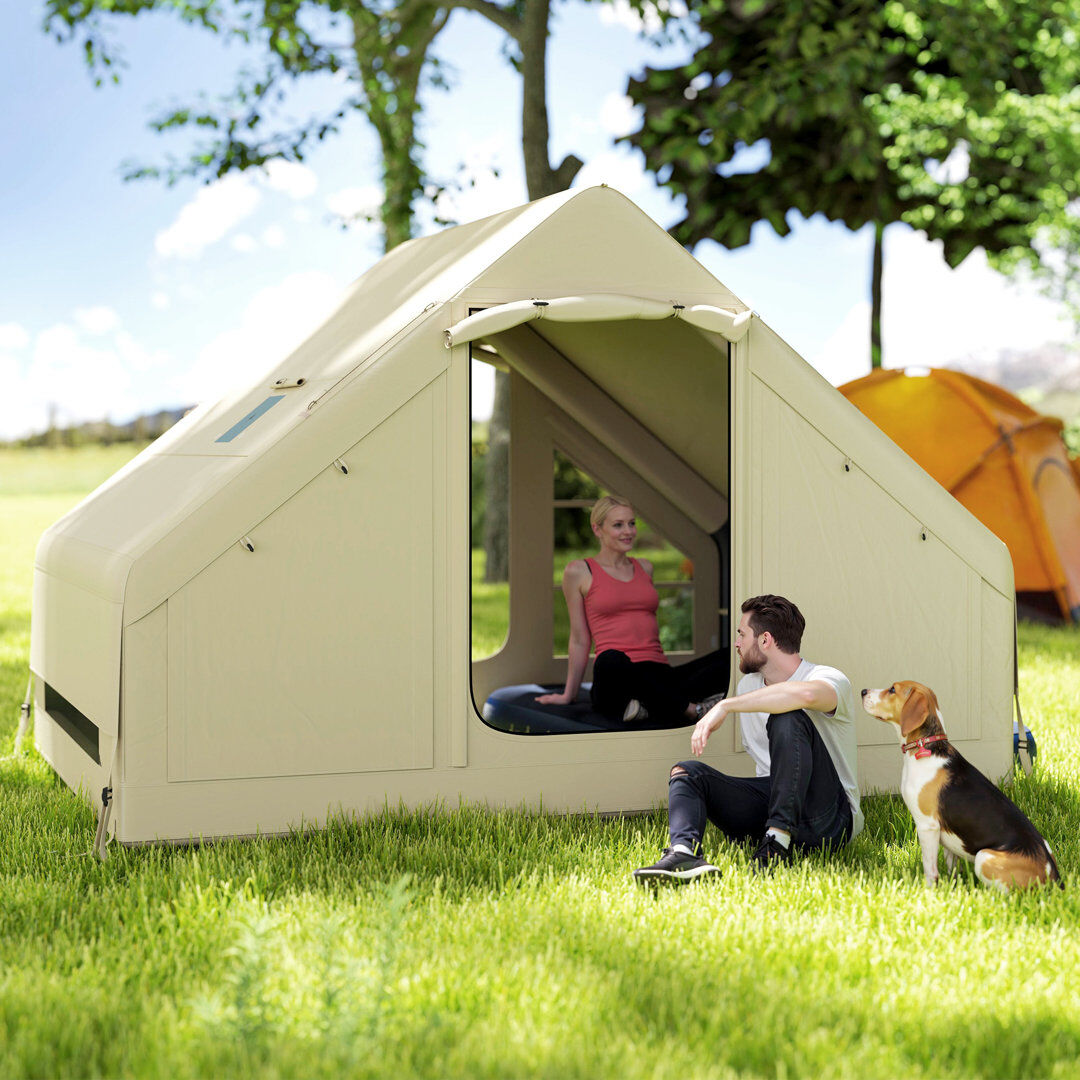 Outsunny Inflatable Camping Tent with Pump, 2-4 Person Glamping Tent Beige 4 Person