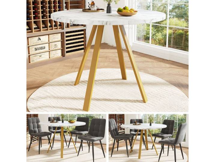 Table à Manger Ronde 80cm - Motif Marbre Blanc - Pieds Métal Dorés - Entretien Facile - 4 Places