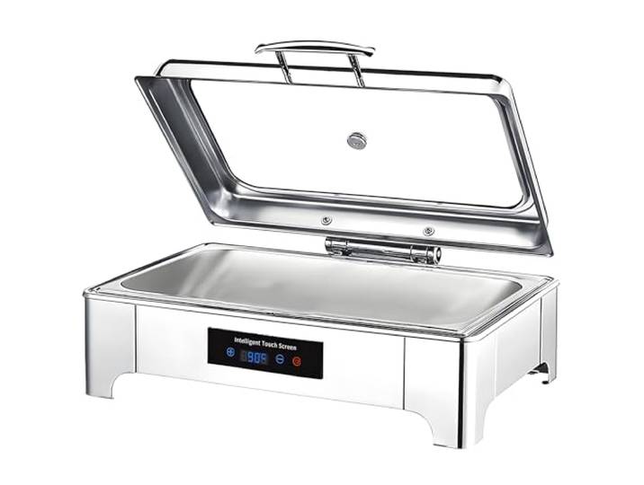 Chafing Dish Elektrisch, Edelstahl Speisewärmer Buffetwärmer Glasdeckel 9L Einstellbare Temperatur Warmhaltebehälter Essen für Buffets und Partys, Touch-Temperaturregelung (30-85℃)