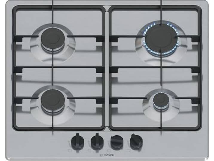 Bosch PGP6B5K60 Serie 4 Gaskochfeld 60 cm 4 Brenner Edelstahl Gaskochfeld mit präziser Flammenkontrolle, Grillroste aus Gusseisen, Made in Europe