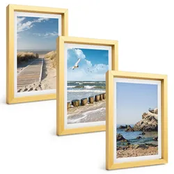 BILDER SET 3er Set - 20x30 cm Goldrahmen - Strand Holzsteg Klippen