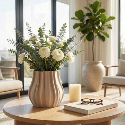 Sagebrook Home Stoneware Vase 3D Printed Sculpted Fluted Textured Curved
