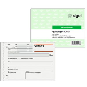 Sigel Quittungsblock RC021, Recycling, MwSt. separat, mit Blaupapier ohne Durchschlag, A6 quer, 100 Blatt