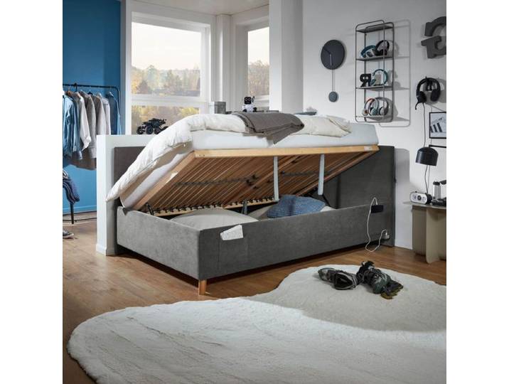 Polsterliege Pauka Komfort Cord mit Lattenrost und Bettkasten Kunstfaser 90x100x210cm Dunkelgrau skandinavisch