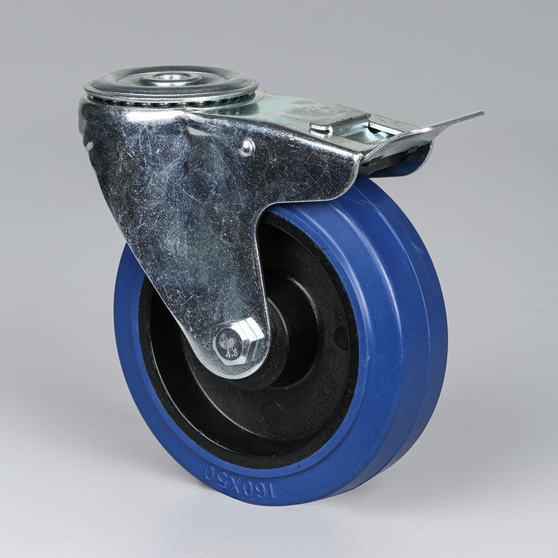 B2B Partner Transport-Lenkrolle mit Feststeller, 160 mm, Mittelloch, mit blauer Lauffläche
