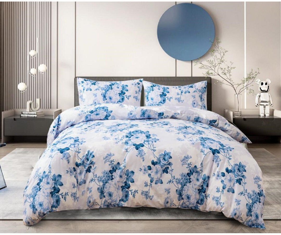 SHAZ HOME Cotton Floral Duvet Cover Set Blue Floral Super King Duvet Cover Set + 3 Additional Pieces
