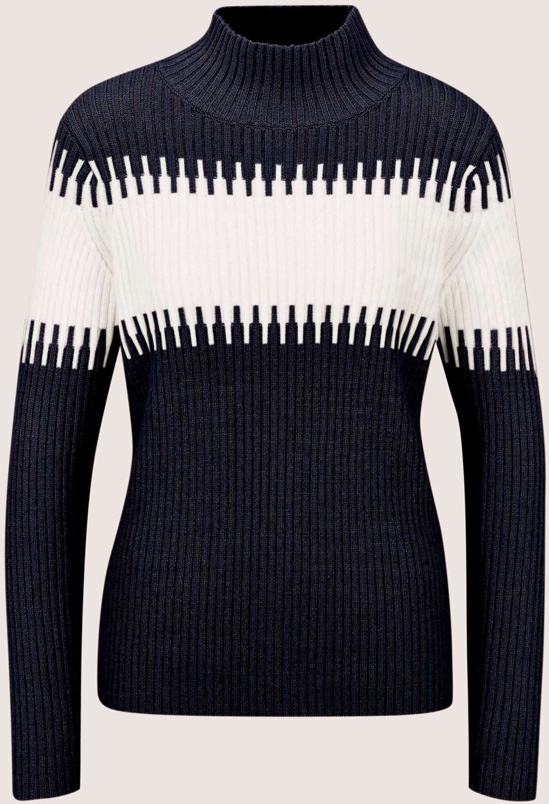 Longpullover MADELEINE "Strickpullover Stilvoller Winterpullover mit Blockstreifen", Damen, Gr. 48, blau (marine, wollweiß), Obermaterial: 45% Viskose CV. 25% Polyamid PA. 20% Polyester PES. 10% Wolle mw., Modern, Pullover Longpullover, Weicher Garnmix mi