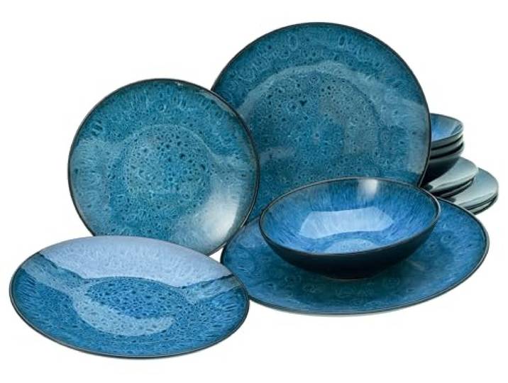 CreaTable\, 23958\, Serie Capri\, 12-teiliges Geschirrset für 4 Personen\, Teller Set aus Steinzeug\, spülmaschinen- und mikrowellengeeignet\, Qualitätsproduktion\, Blau