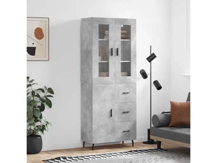 RJPLMFV Anrichte, hoch, 69,5 x 34 x 180 cm, Betongrau, Holz Metallfüße, großer Stauraum, stabiler Schrank, Wandbefestigung inklusive