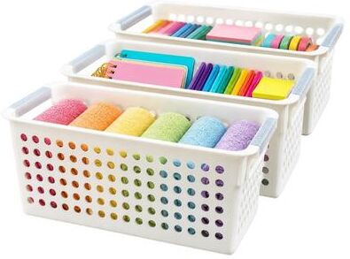 Basicwise White Rectangular Plastic Shelf Organizer Basket with Handles