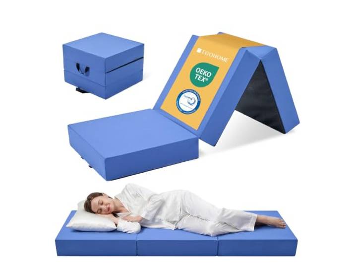 EGOHOME Klappmatratze 90x200x15 cm, H3 Bambus Komfortschaum, Blauer Wasserabweisender TPU-Bezug, Gästematratze, für Camping und Reisen, mit Tragegriffen, rutschhemmende Noppen