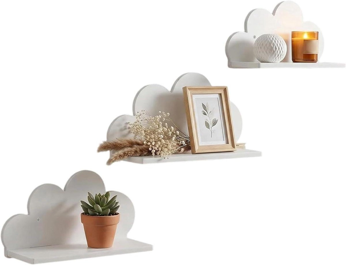 Set van 3 Wolken Wandplanken - Zwevende Decoratieve Opslag voor Kinderkamers - Wit