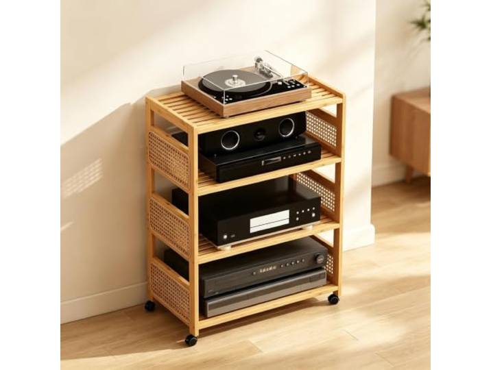 YHTCSXMD HiFi Rack, Audio Rack mit Verstellbaren Holzablagen Holz und Rattan, Rollen mit Bremse, flexible Ablagen für Verstärker und Plattenspieler, Wohnzimmer oder Arbeitszimmer