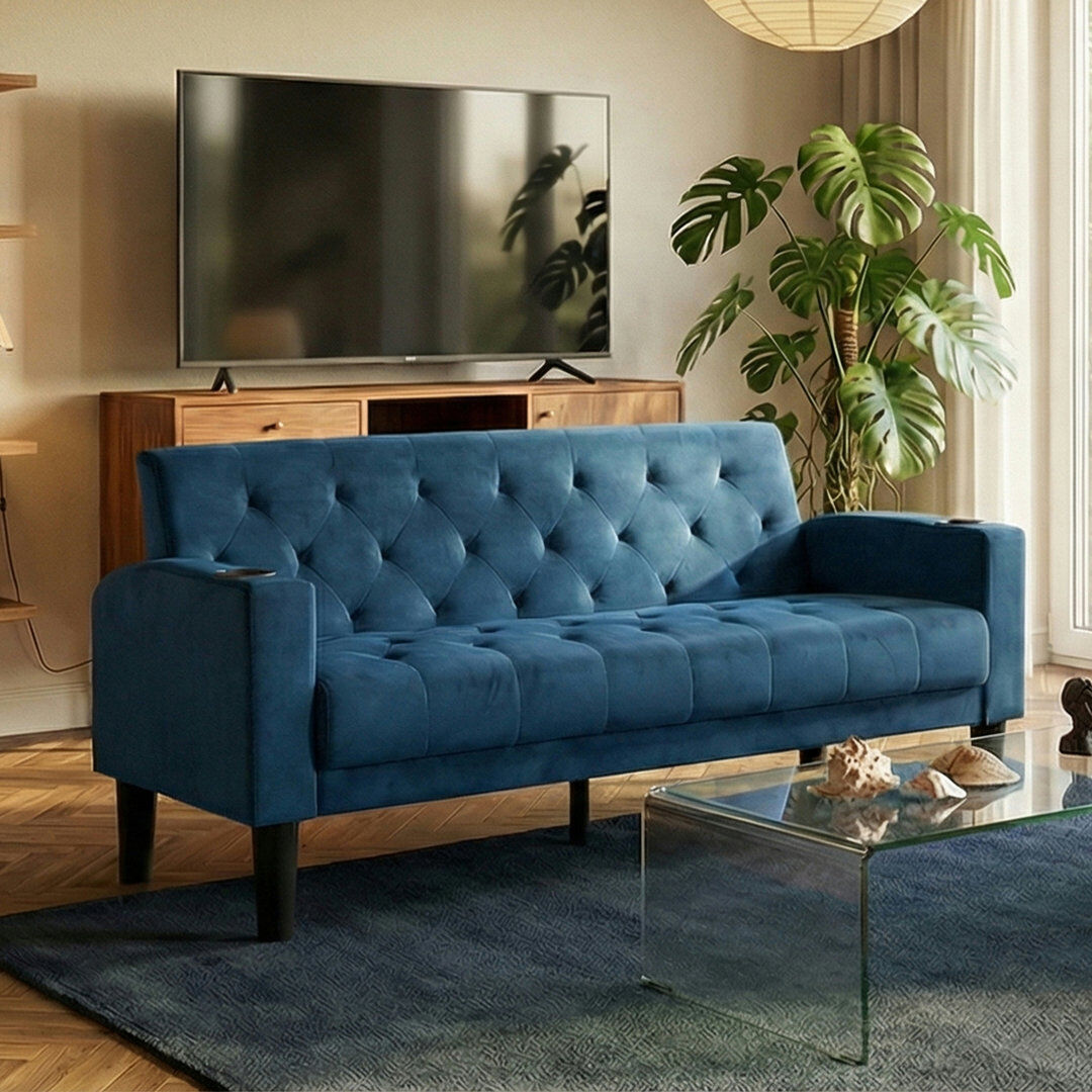 17 Stories Sofa Seats Modern Style Comfy Small Sofa with Pocket Storage 2 USB 2 Cup Holders Upholstered Couch for Living Room Bedroom Office Blue Velvet 2 Seater
