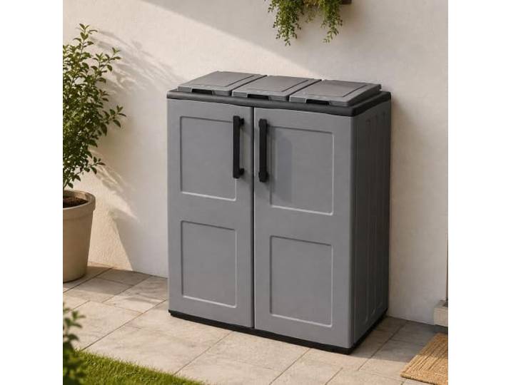 Dmora - Andenne Abfallbehälter, Abfallbehälter, 2-türiger Recyclingbehälter, 100 % Made in Italy, 68 x 37 x 84 cm, Grau und Schwarz, kariertes Finish