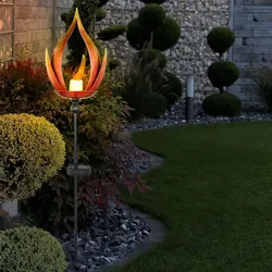 Solarleuchte Solarlampe Außenleuchte Gartenleuchte Außenlampe Eingangsbereich, IP44 Spritzwasserfest Metall Flammenoptik schwarz, 1x LED warmweiß, DxH 18x93 cm