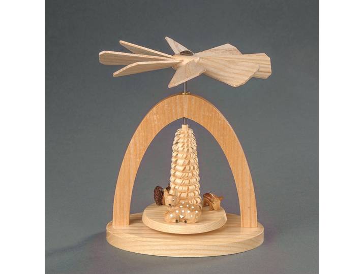 Weihnachtspyramide ALBIN PREISSLER Wärmespiel mit Kitz, Frischling und Eichhörnchen , beige (natur), B:11cm H:13cm T:7cm, Massivholz, Weihnachtspyramiden, Weihnachtspyramide, Handwerkskunst aus dem Erzgebirge