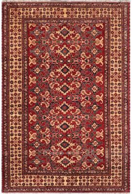 Treasured Knots Caucasian Super Kazak Raiden Red/Beige Hand Knotted Wool Rug - 7'8'' x 11'2''