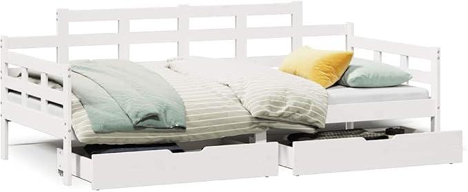 Solid Pine Wood Daybed with Drawers, 90x190cm, White | Functions as a 2-in-1 sofa and guest bed with rolling under-bed storage, ideal for bedrooms and living rooms.
