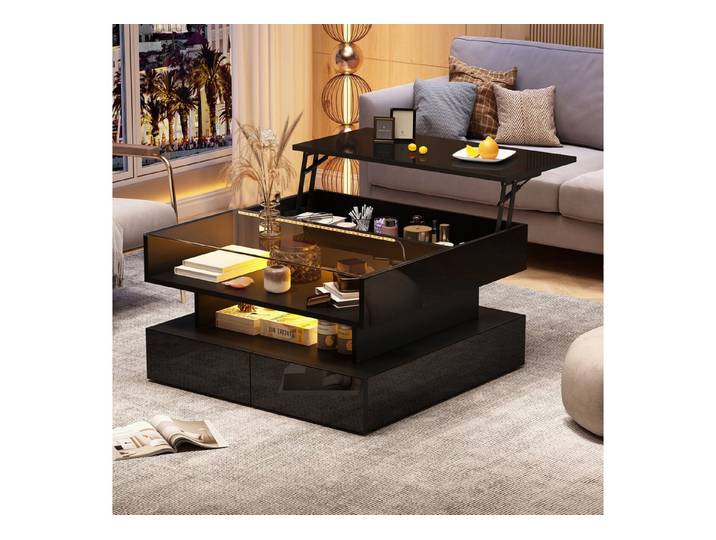 Fine Life Pro Couchtisch Schwarzer Couchtisch, LED, 2 Schubladen, versteckter Stauraum, höhenverstellbar, 80x80x45 cm – gehärtetes Glas