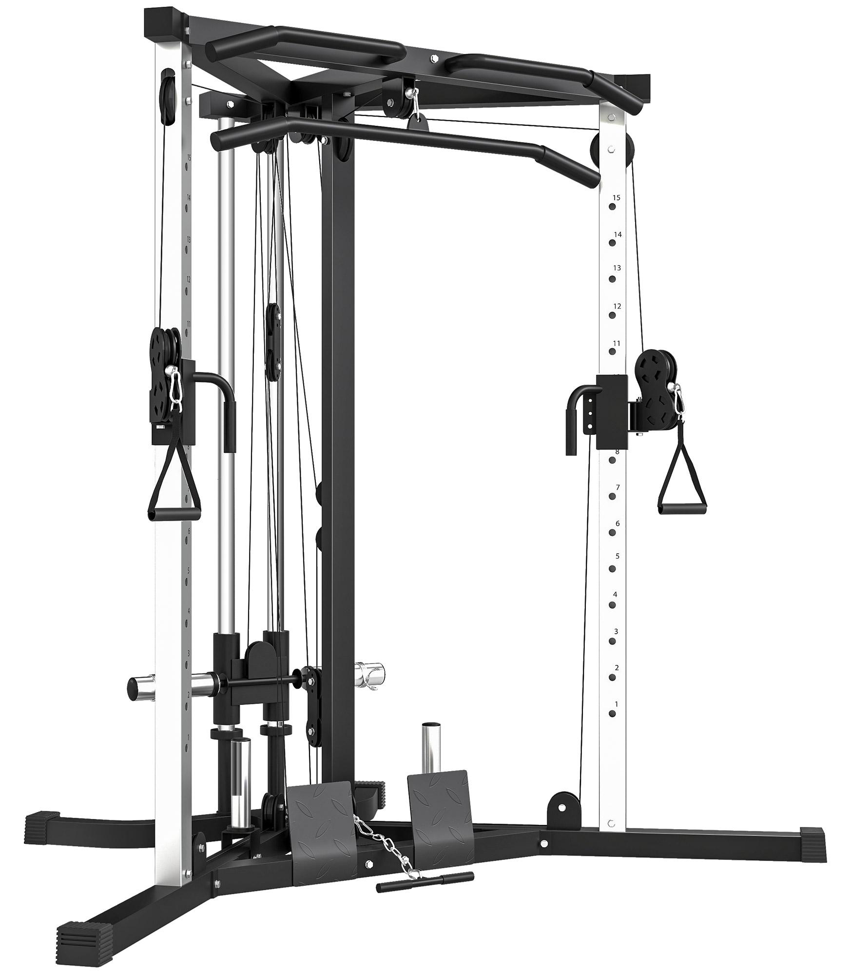 Kraftstation Fitnessstation mit Latzug, Klimmzugstange Curl-/Ruderstange Griffe, 15-fach verstellbar