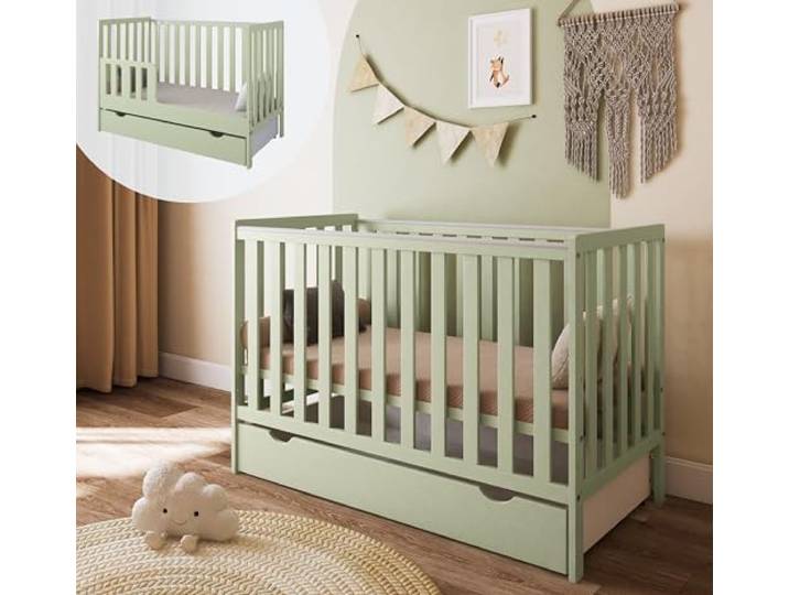 zee Mint Babybett LUMI 120x60 cm Mit Schutzgitter & Schublade 2in1 Kinderbett Aus Kiefernholz Höhenverstellbar EN 716