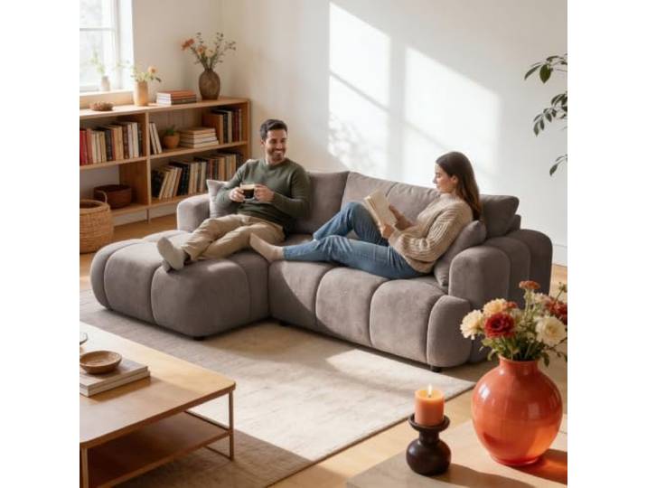 Muffo Calm L Ecksofa mit Schlaffunktion und Bettkasten Links Beige Schlafcouch ausziehbar, Stauraum, Sofabett, Eckcouch, Webstoff, lose Rückenkissen, Zierkissen, Wellenfedern