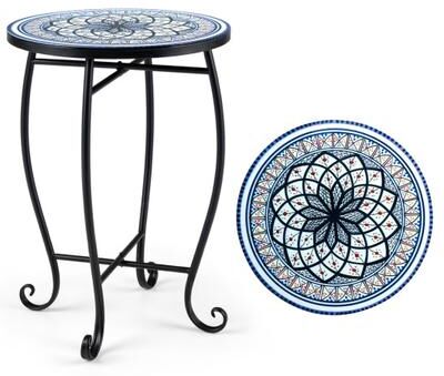 "Costway 14"" Floral Clover/Blooming Lotus/Bright Sunflower Mosaic Patio Accent Coffee End Table-White"