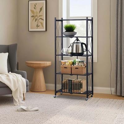Garvee Carbon Steel Kitchen Rack Floor-Standing Free Installation Large Folding Shelf Multi-Layer Microwave Oven Balcony - black