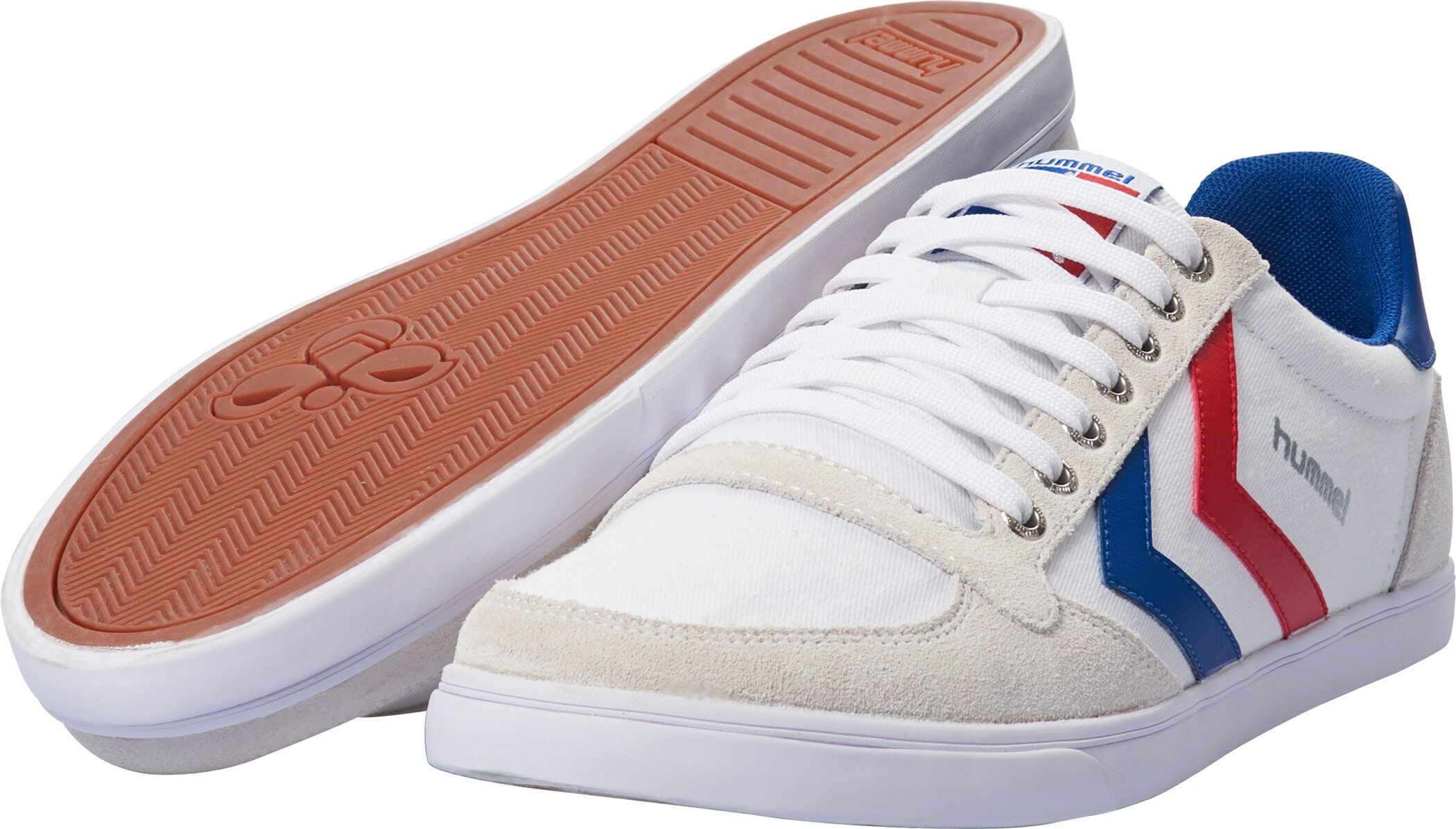 Sneaker HUMMEL "Slimmer Stadil Canvas Low", Damen, Gr. 36, bunt (weiß, blau, rot), Textil, Veloursleder, Schuhe Sneaker weiß, blau, rot 36