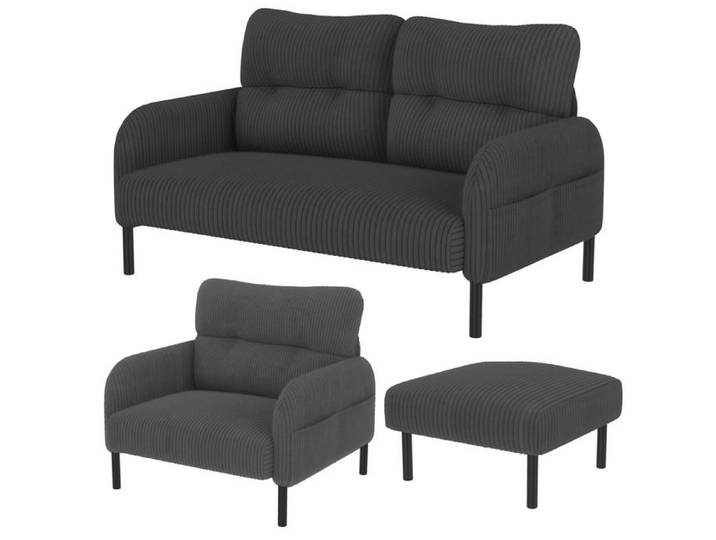 ROVRYN Ensemble canapé 3 pièces gris en velours côtelé avec canapé 2 places fauteuil repose-pieds et poches latérales