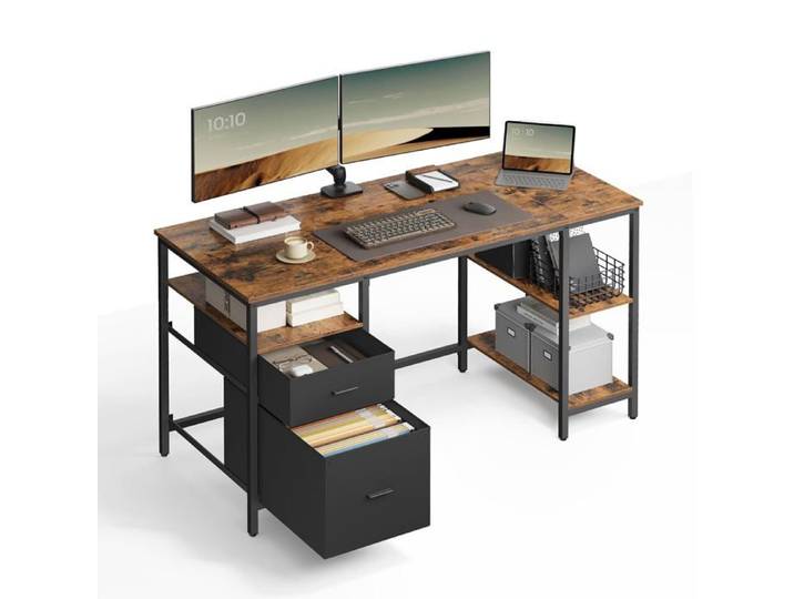 Bureau d'Ordinateur Industriel avec Rangement - 2 Tiroirs 3 Étagères 140x60x76 cm Marron et Noir Vintage