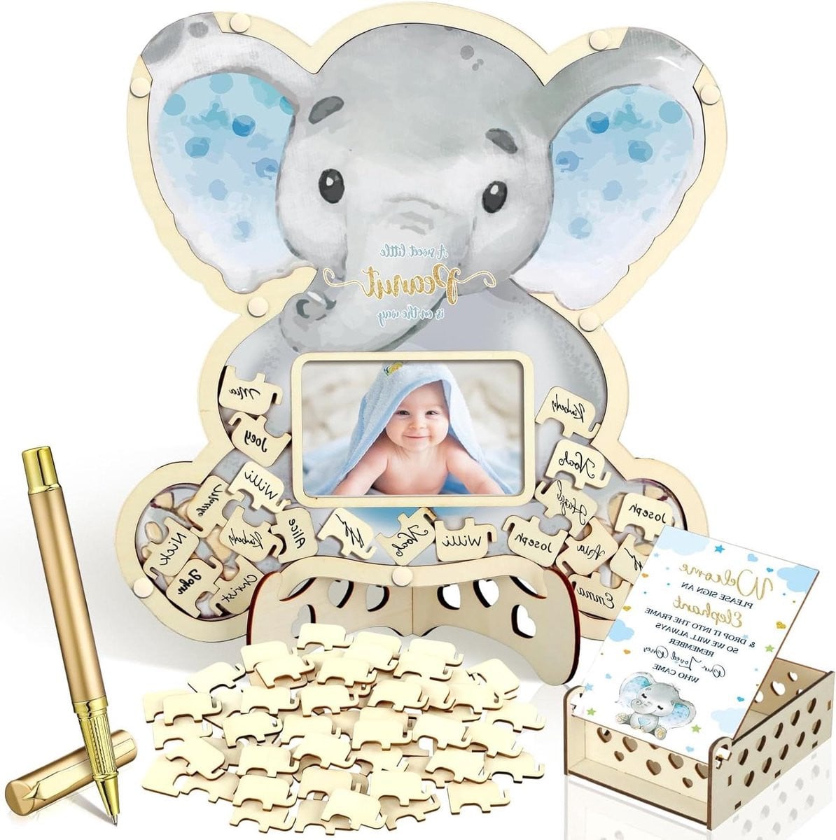 Babyshower Gastenboek Set met Fotolijst en 60 Blauwe Houten Plakjes