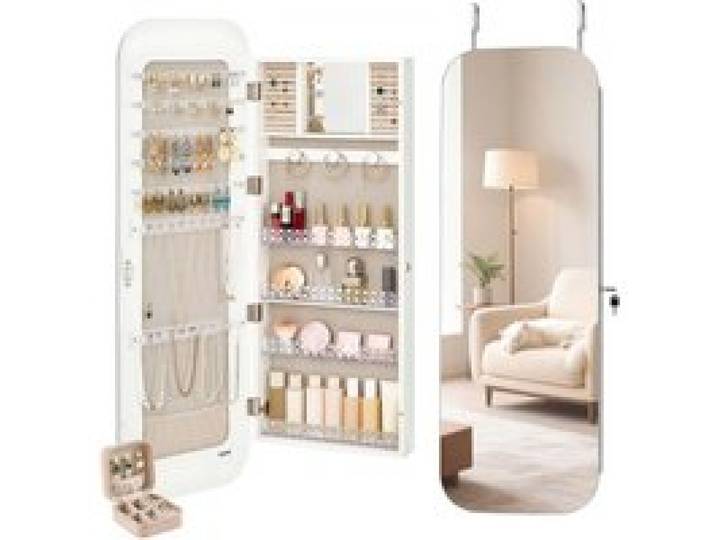 VEVOR Schmuckschrank 108 vm hoch, Ganzkörperspiegel mit Stauraum, Wandmontage/über der Tür, Schmuckschrank-Organizer, abgerundetes Design, abschließbar mit 2 Schlüsseln & Reise-Organizer, weiß
